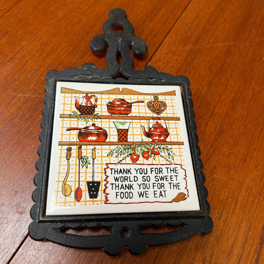 Vintage Cast Iron Ceramic Tile Trivet Japan Kitchen Prayer Blessing Hot Plate